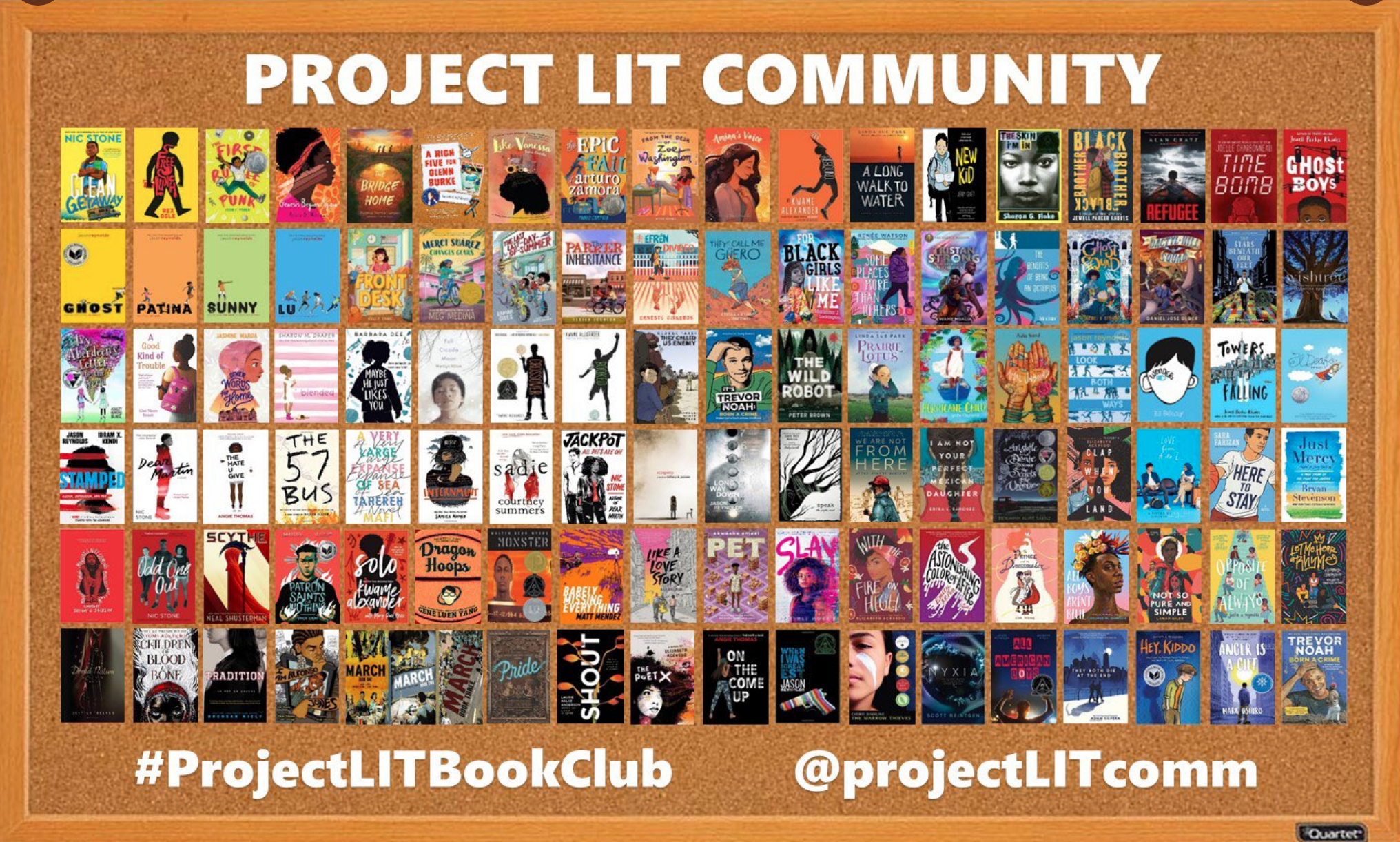 Corkboard-style poster for Project LIT 2020-2021 at the Reed-Gumenick Library. The text reads, "Project Lit Community" at the top, and "Project Lit Book Club" and "@projectlitcomm" on the bottom. Eighteen diversity-centered book covers are displayed in a rainbow pattern.